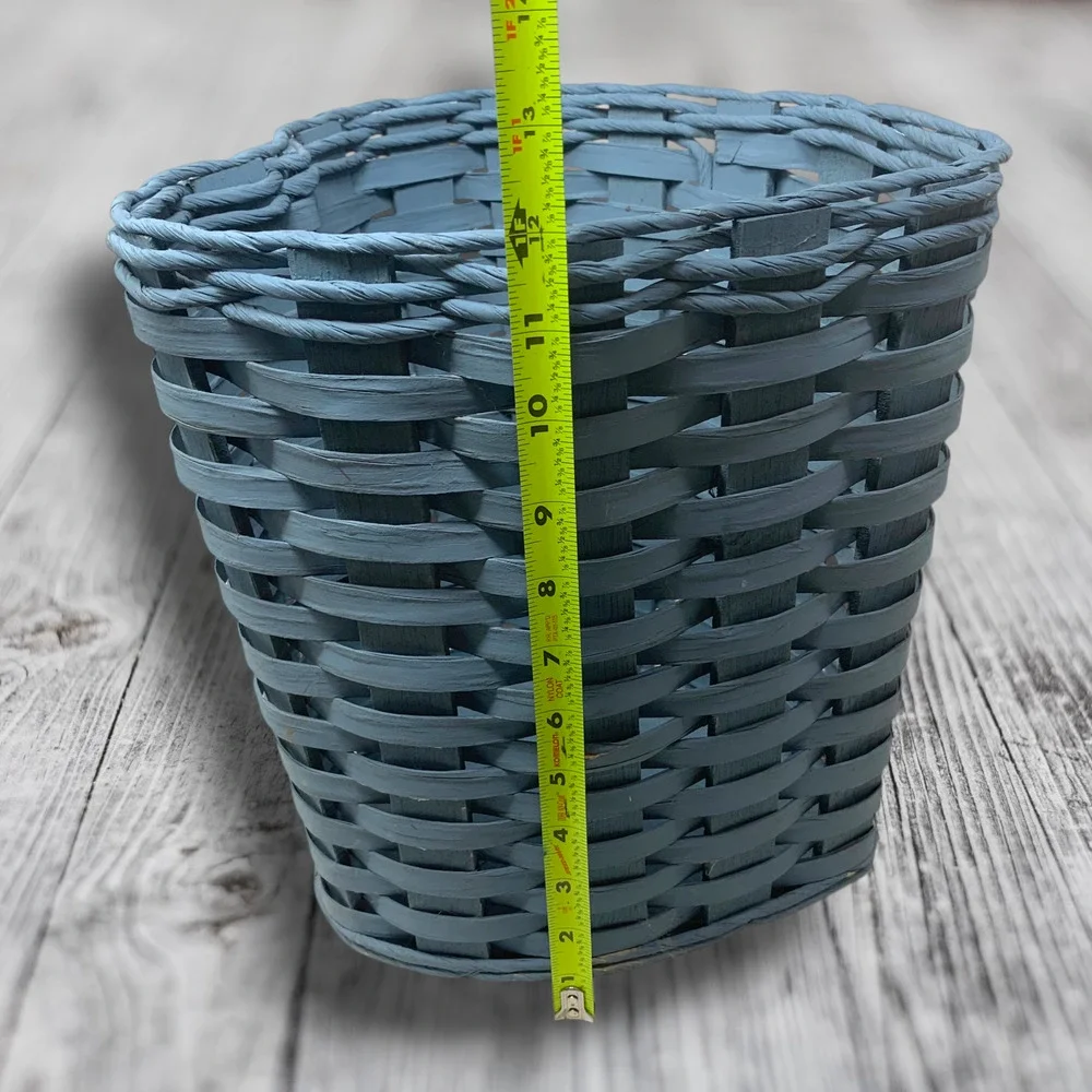 Vintage Heart Shaped Wicker Waste Basket Trash Bin Dusty Blue Cottage Farmhouse